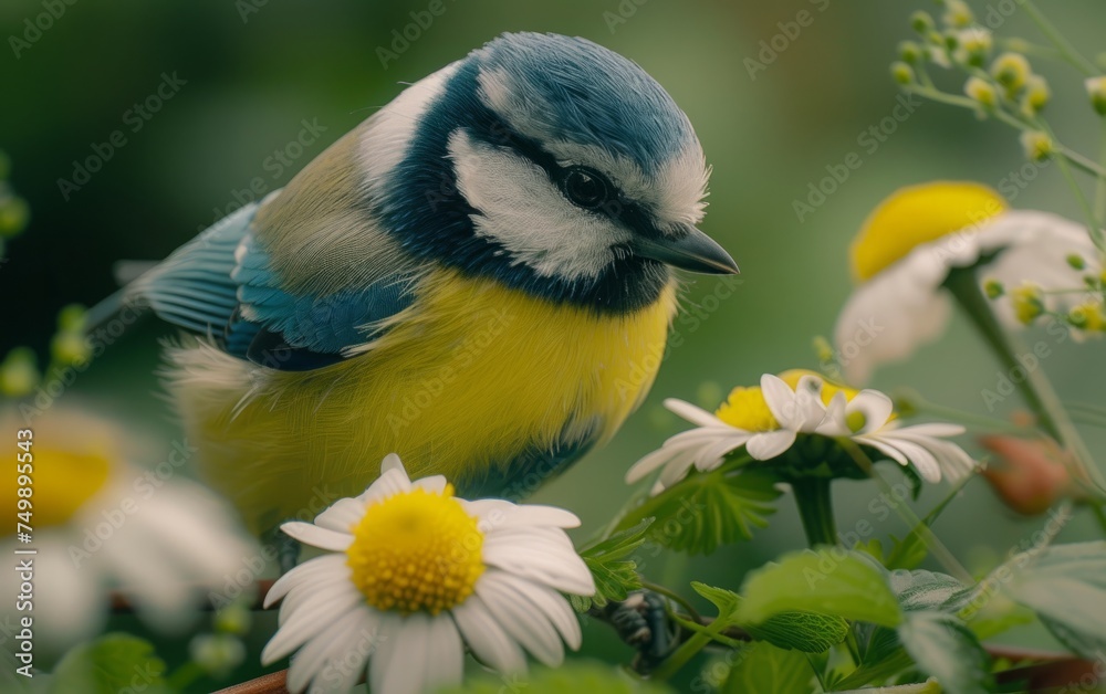 Fototapeta premium Perched Blue Tit Surrounded by White Daisies
