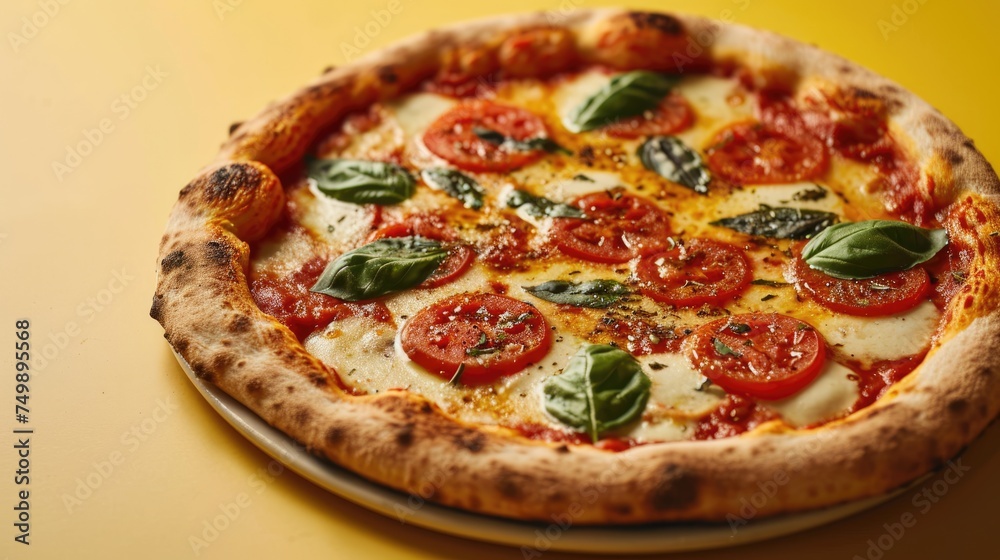 This inviting Margherita pizza, with tomato slices and basil, rests on a warm yellow canvas, evoking a sunny Italian sky.