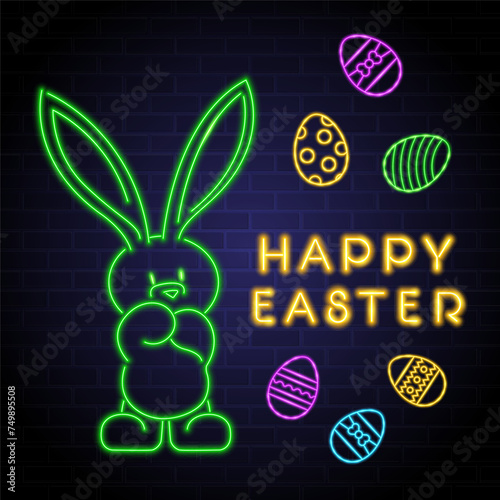 Happy easter bunny icon with neon light style