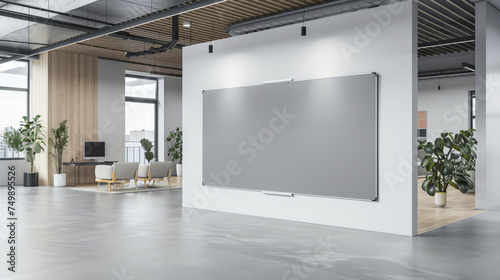 empty white blank poster in an office   white board hung in a room with wooden floors . empty mockup frame