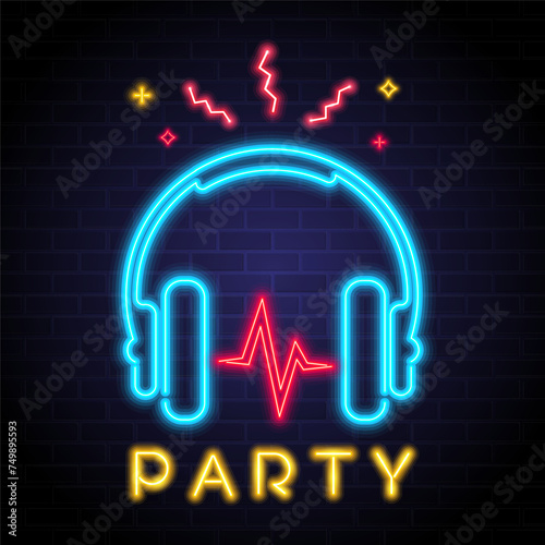 Headphone music with neon light glowing vector illustratiion