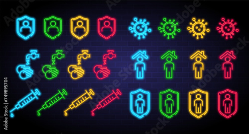 Coronavirus prevention icon set with neon light bright elements