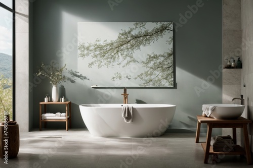 Peaceful bathroom showcasing standalone tub and nature-inspired elements 