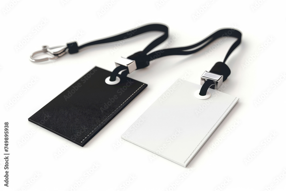 empty black two lanyards with different black and white colored tags, mockup tags badges empty black two lanyards with different black and white colored tags, mockup tags badges