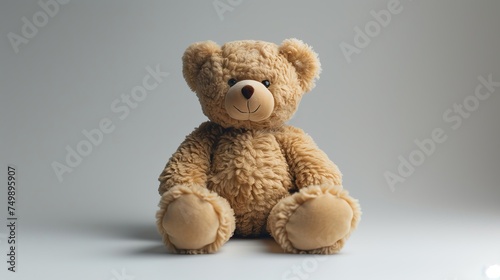 Teddy bear with a friendly smile, seated against a neutral background, evoking nostalgia and comfort