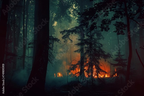 A forest at night, the trees whispering dark omens, their leaves flickering like flames