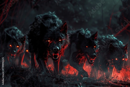 Hellhounds prowling the borders of the underworld, eyes glowing in the dark
