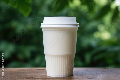 Single-use coffee cup on wooden table, greenery background. Disposable Coffee Cup Outdoors