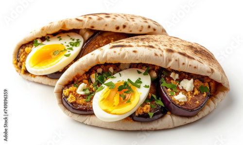 Sabich with fried eggplant, hard-boiled eggs, and herbs in pita bread. Studio food photography for culinary and recipe design