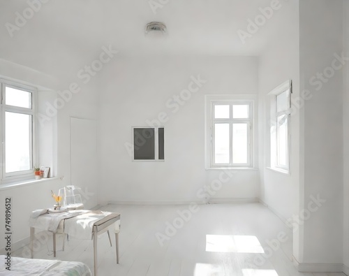 Interior design with neat table and large window in white room. 