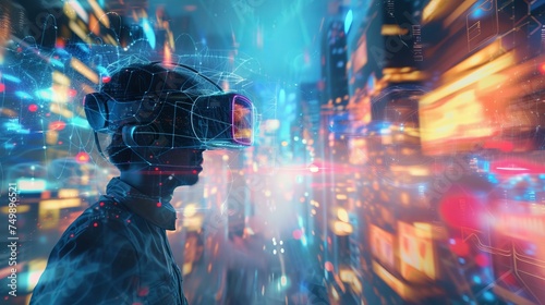 A conceptual image of a user exploring the Metaverse  wearing a VR headset Background filled with various virtual world elements  AI Generative