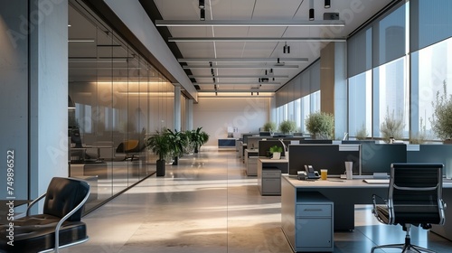 A contemporary office environment with high-tech equipment and ergonomic furniture, embodying bustling productivity and a professional, modern workspace, AI Generative © sorapop