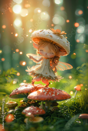 Magical 3D fairy dancing in a mushroom ring  enchanted forest