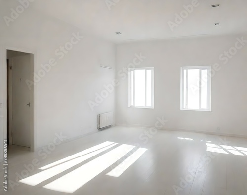 2. Home interior design of a room with white rooms and sun-lit windows as empty. 
