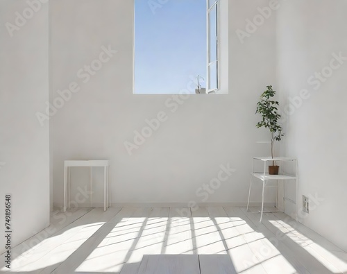 Interior design with two supports, pots and large windows in a white room.