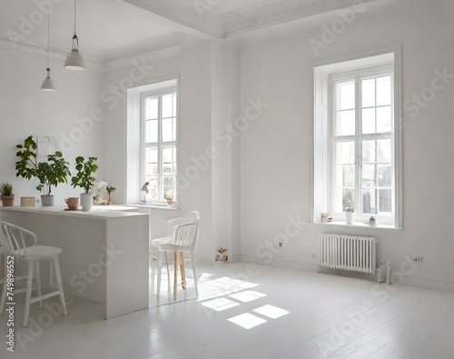 A neat Irish table, chair and interior design with a large window in a white room.  © ailooo k