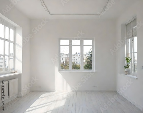 1. Home interior design of a room with white rooms and sun-lit windows as empty. 
