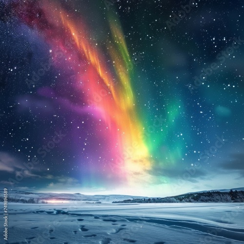 Rainbow aurora borealis over a snowy landscape, macro stars twinkling © kitinut