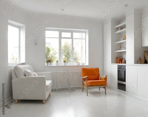 Interior design with chairs and sofas and large windows in white room. 