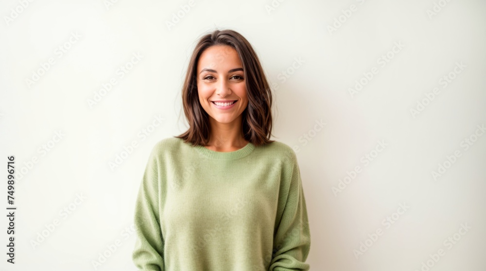 Happy woman wearing beige sweater smiling against white background Happy woman wearing beige sweater smiling against white background
