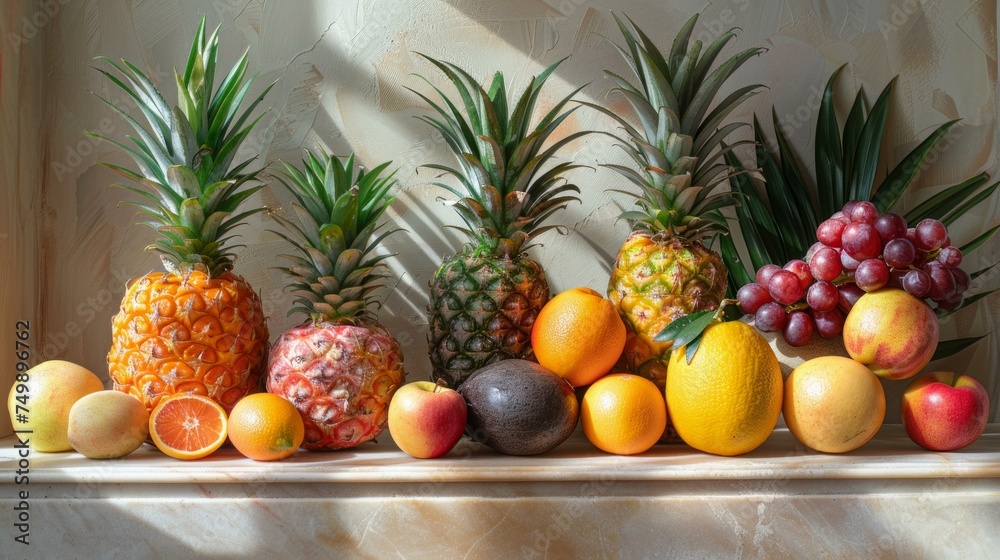 A minimalist composition of exotic fruits, each variety telling a story of flavors and origins, set against a simple, elegant backdrop, AI Generative A minimalist composition of exotic fruits, each variety telling a story of flavors and origins, set against a simple, elegant backdrop, AI Generative