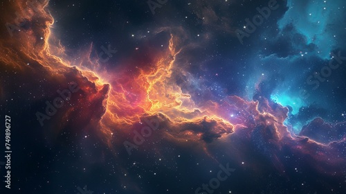 A hyper-realistic depiction of a vibrant space galaxy cloud nebula, illuminating the starry night cosmos with its colors The scene captures the essence of universe science and astronomy, AI Generative