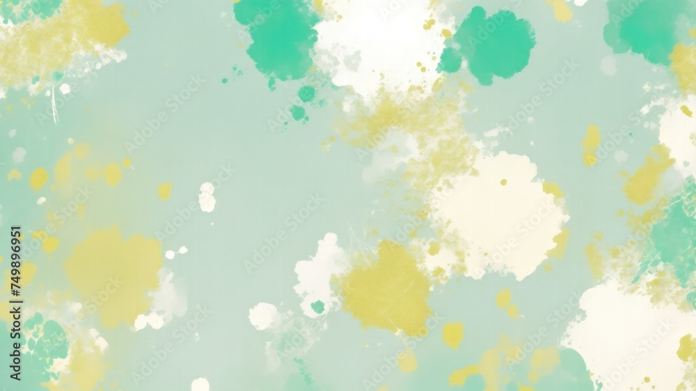 Green Teal Gold and White Hazy paint splatter pastel background