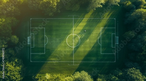 A vivid aerial view of a soccer field, with a soccer ball perfectly placed in the center, lush green grass and clear lines Created Using aerial photography style, soccer field, AI Generative