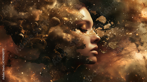 A surreal depiction of a woman with a gold glitter makeover, her image broken into artistic fragments, floating against a celestial backdrop Ethereal, dream-like quality, AI Generative