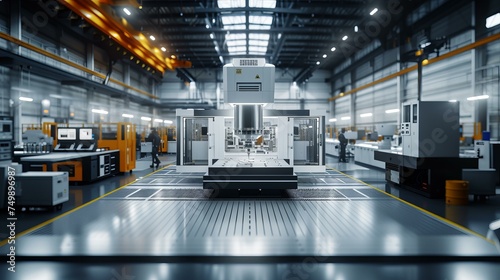 A wide-angle view of a high-precision CNC machine tool in a modern manufacturing facility Emphasis on the scale of the machine within the industrial environment, AI Generative photo