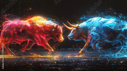 Abstract bear and bull clash, symbols of crypto's volatility, dynamic forms in digital brushstrokes, neon against shadow, light plays over the financial titans, AI Generative