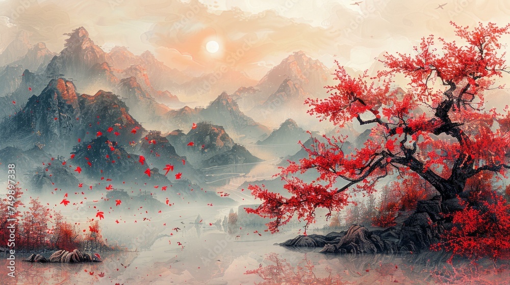 Ancient Chinese red ink landscape, traditional painting, textured paper, AI Generative - obrazy, fototapety, plakaty 
