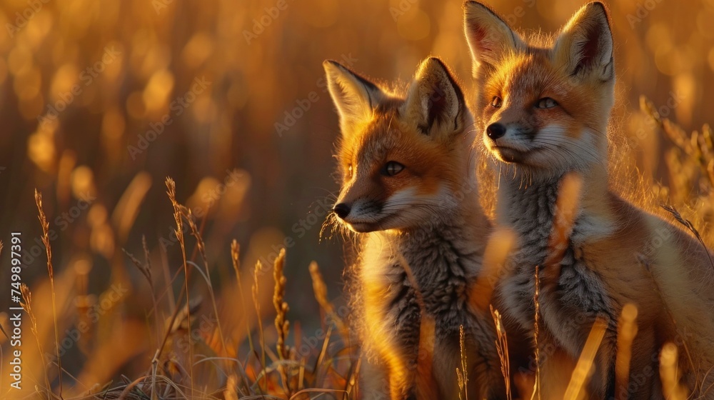 baby red foxes bonding, coastal dunes, Nova Scotia, early summer vibe, gentle, ambient ocean backdrop, dusk light, AI Generative
