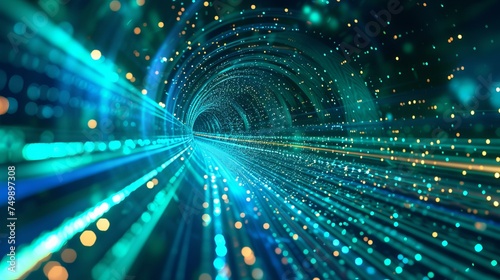 An abstract representation of high-speed digital technology with a vibrant blue and green background Imagery of nano-scale cyber information, interconnected data lines, AI Generative