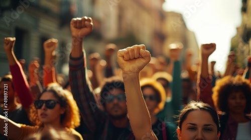 An inspiring image of people from all walks of life raising their fists in support of a cause, AI Generative © sorapop