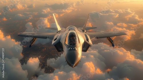 An overhead view of an F35 flying in the sky with clouds and a cockpit visible, AI Generative photo
