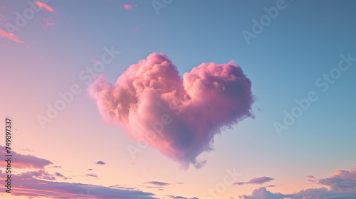 An early morning scene with a hyper-realistic, solitary heart-shaped cloud amidst a serene blue sky, the cloud catching the first light of dawn, casting hues of soft pink, AI Generative