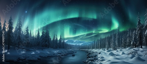Aurora borealis. Northern lights in winter forest. © danang