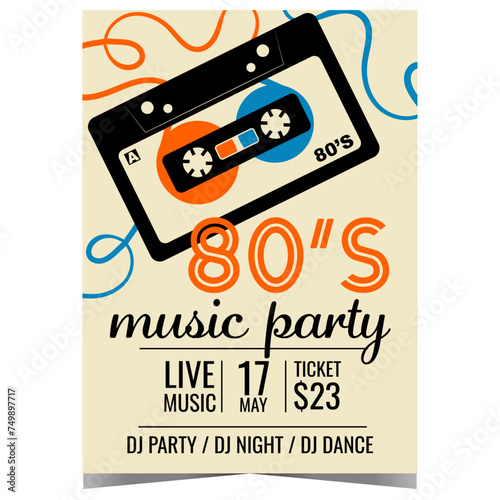 80s retro music party banner or poster with a compact audio cassette mixtape on the background. Vector invitation leaflet or flyer for the eighties music concert, disco dance live event at nightclub.