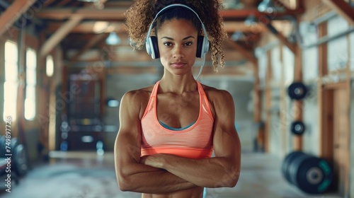 Confident woman showing off her muscles, vibrant gym outfit, indoor setting with soft lighting, showcasing strength and positivity, AI Generative