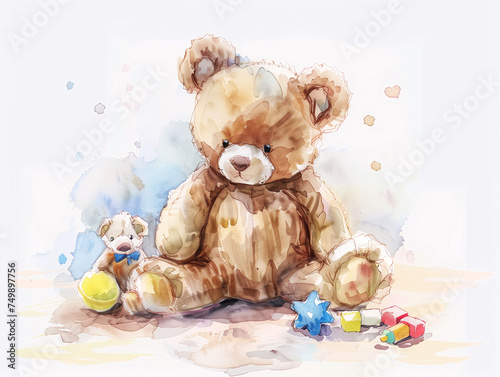Watercolor Drawing of Cute Toy Teddy Bear Colorful Illustration isolated on white background HD Print 4928x3712 pixels Neo Art V4 54