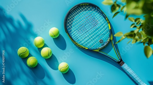 Festive sports composition, tennis balls and racket against blue court, symbolizing health and outdoor activity, sunny day essence, flat lay, bright, AI Generative © sorapop