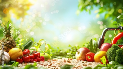 Healthy Diet Fitness Background featuring fresh fruits, vegetables, and grains alongside fitness equipment, AI Generative