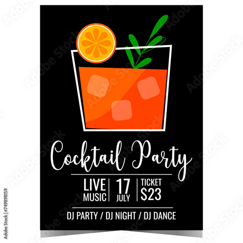 Cocktail party invitation template with a glass of whiskey with ice and lemon on the background. Vector poster or banner for networking or business reception with aperitif and alcohol drinks.
