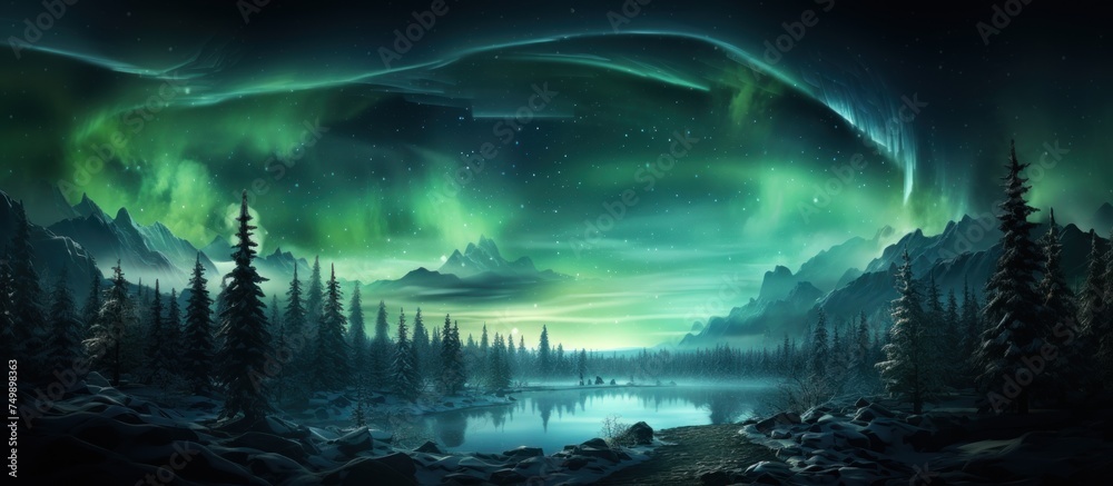 Aurora borealis over the frosty forest - obrazy, fototapety, plakaty 