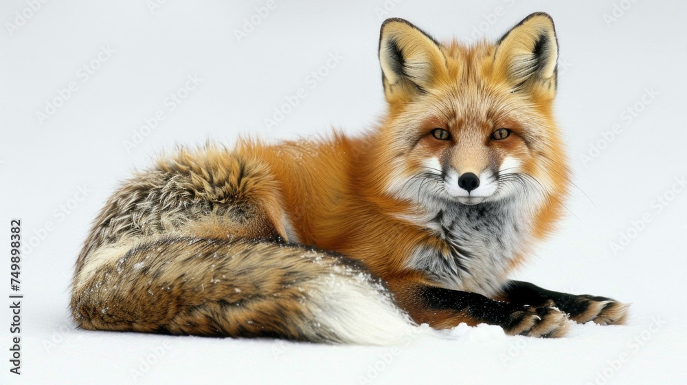 Red fox in winter, poised in the snow, its bushy tail and vibrant fur against a stark white background, a captivating portrait of wilderness survival in Algonquin Park, AI Generative
