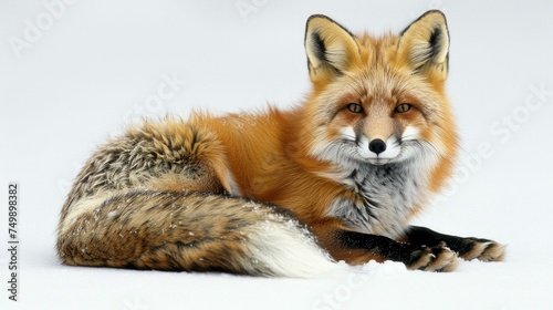 Red fox in winter, poised in the snow, its bushy tail and vibrant fur against a stark white background, a captivating portrait of wilderness survival in Algonquin Park, AI Generative