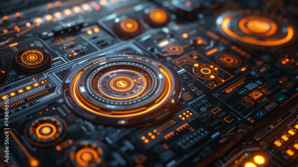 Fototapeta premium Sleek futuristic UI, holographic interfaces with neon accents, bustling cybernetic city backdrop, night, neon-lit ambiance, soft glows and sharp contrasts, AI Generative