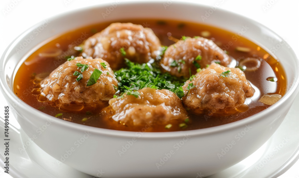 Kreplach soup with dumplings in a brown ceramic bowl. Studio food photography for culinary and recipe design Kreplach soup with dumplings in a brown ceramic bowl. Studio food photography for culinary and recipe design