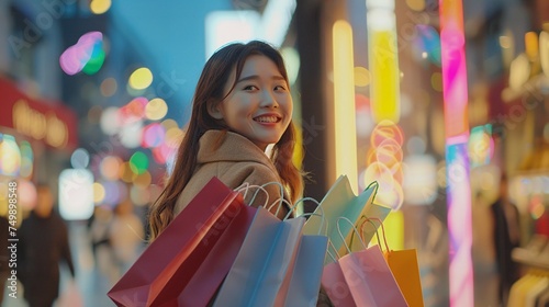 Joyful Shopping Experience Cheerful Asian Woman with Fashionable Finds
